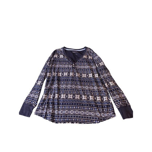 Nautica Womens L Pajama Set Navy White Winter Button Henley Top Drawstring Pants - Picture 2 of 11